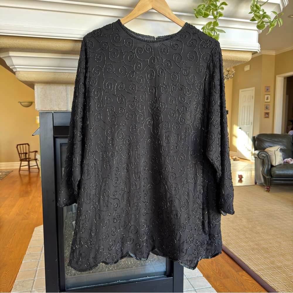 Valerie Stevens Black‎ 100% Silk Beaded Swirl Formal Tunic 2W